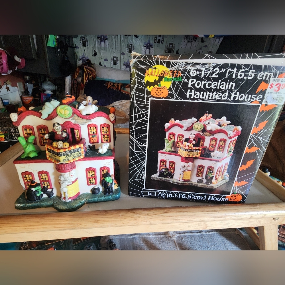 Halloween Harvest Movie Theater Porcelain Lighted House